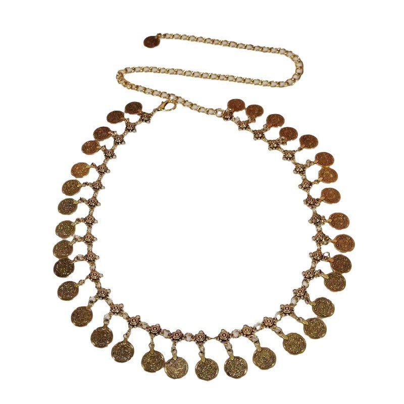 Ζώνη μέσης με στρογυλά κρεμαστά νομίσματα, μέταλλο, εθνοτικό στυλ, μήκος 105 cm