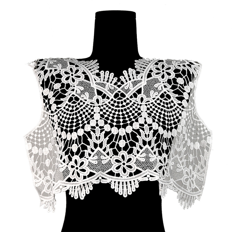 V-izrez ovratnik s čipkastom izvezenom appliqué, vodotopna za žene — poliester