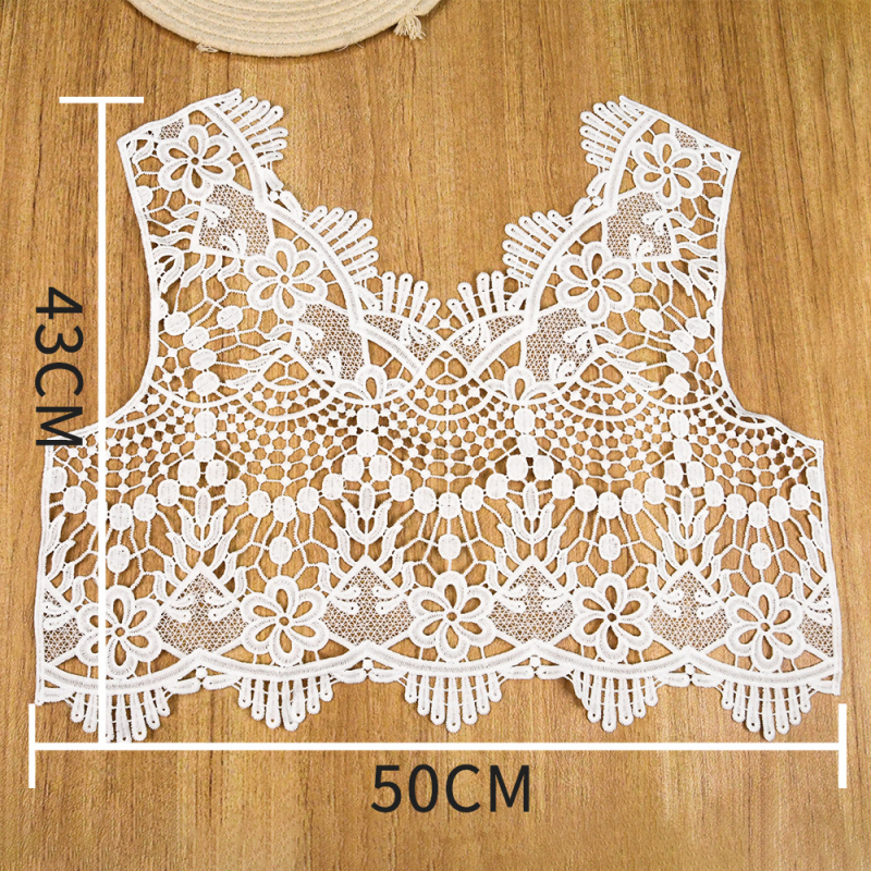 V-izrez ovratnik s čipkastom izvezenom appliqué, vodotopna za žene — poliester