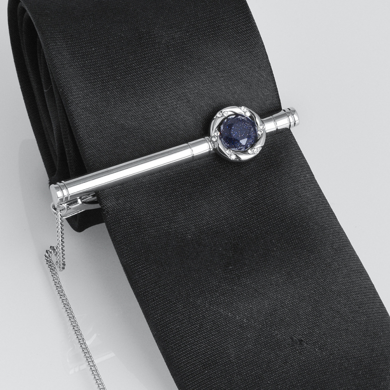Clip za kravatu s plavim pijeskom umetkom, bakar, 60x13 mm, ravna glava, unisex, bijeli kristal