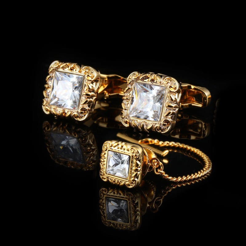 Bakrene manžetne kopče s uzorkom cirkona, muški set kopči za ovratnik i kopčom za kravatu, elektroplakirani