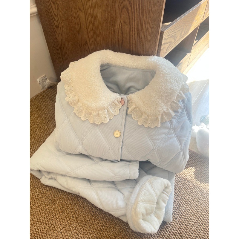 Quiltelt pizsama szett, koreai stílusú, kerek nyakú, vastag anyag 201-250 g/m², hosszú ujjú felső és nadrág, otthonra és kültérre, téli 2025