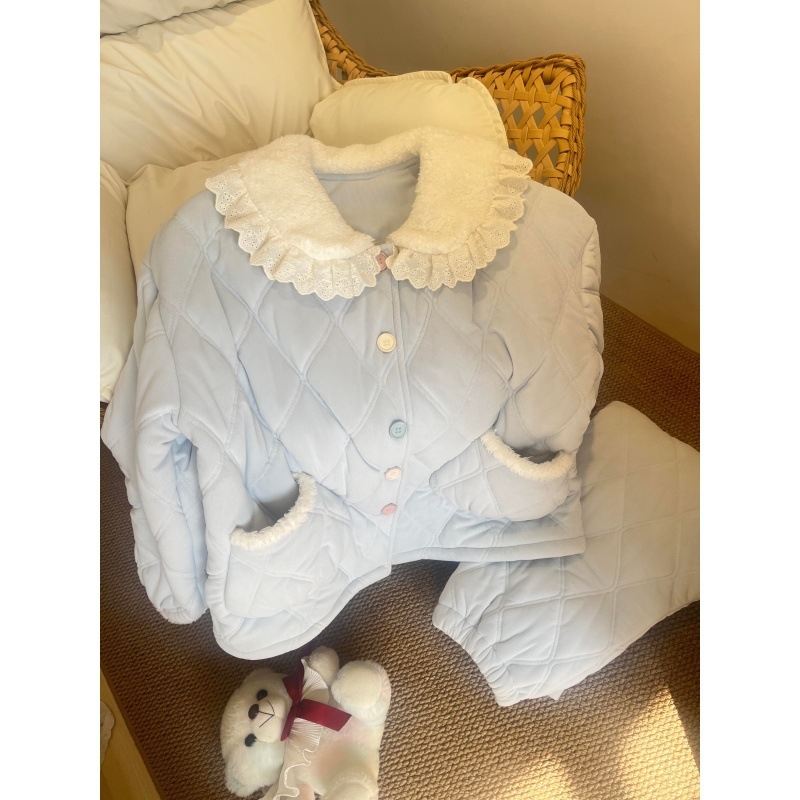 Quiltelt pizsama szett, koreai stílusú, kerek nyakú, vastag anyag 201-250 g/m², hosszú ujjú felső és nadrág, otthonra és kültérre, téli 2025