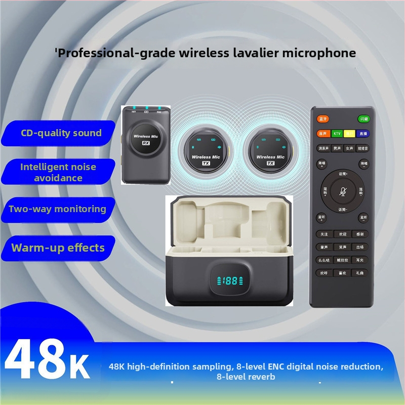Bezdrôtový Lavalier mikrofónový systém pre kamery s obojsmerným prenosom, monitorovanie v reálnom čase a vstavaná zvuková karta (Bluetooth 5.0, 800-1000 mAh, 3-6 h, 20 Hz-20 kHz, SNR >= 70 dB)
