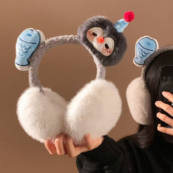 Γούνινα ακουστικά προστασίας αυτιών με σχέδιο πιγκουίνου και ψαριού, καρτούν, αναδιπλούμενο κορεατικό στυλ, για χειμώνα, unisex