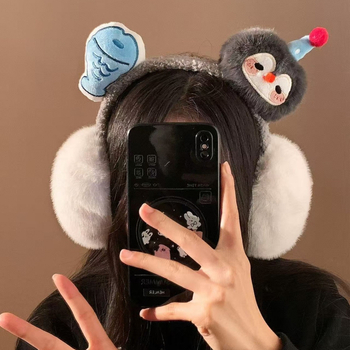 Γούνινα ακουστικά προστασίας αυτιών με σχέδιο πιγκουίνου και ψαριού, καρτούν, αναδιπλούμενο κορεατικό στυλ, για χειμώνα, unisex