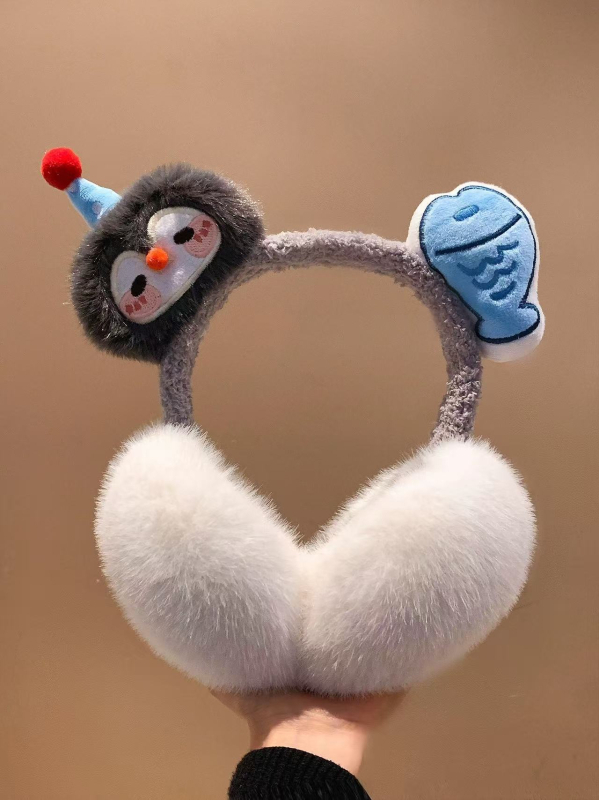 Γούνινα ακουστικά προστασίας αυτιών με σχέδιο πιγκουίνου και ψαριού, καρτούν, αναδιπλούμενο κορεατικό στυλ, για χειμώνα, unisex