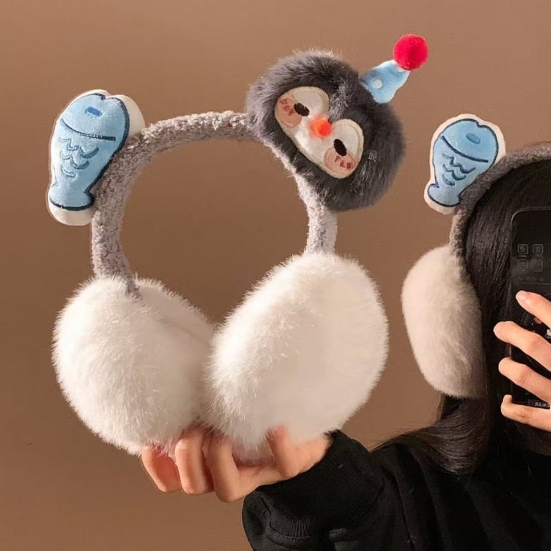 Γούνινα ακουστικά προστασίας αυτιών με σχέδιο πιγκουίνου και ψαριού, καρτούν, αναδιπλούμενο κορεατικό στυλ, για χειμώνα, unisex