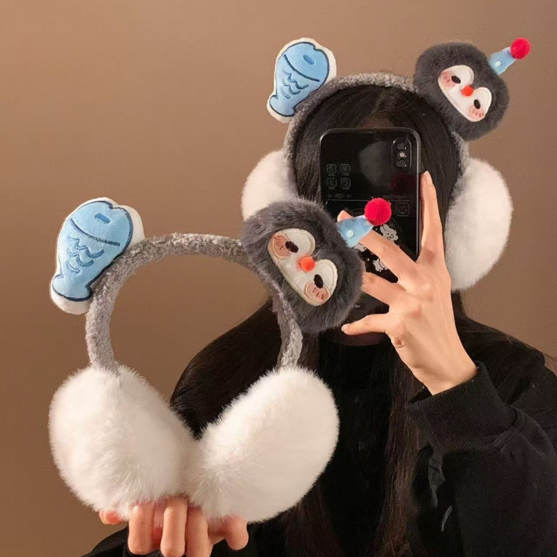 Γούνινα ακουστικά προστασίας αυτιών με σχέδιο πιγκουίνου και ψαριού, καρτούν, αναδιπλούμενο κορεατικό στυλ, για χειμώνα, unisex