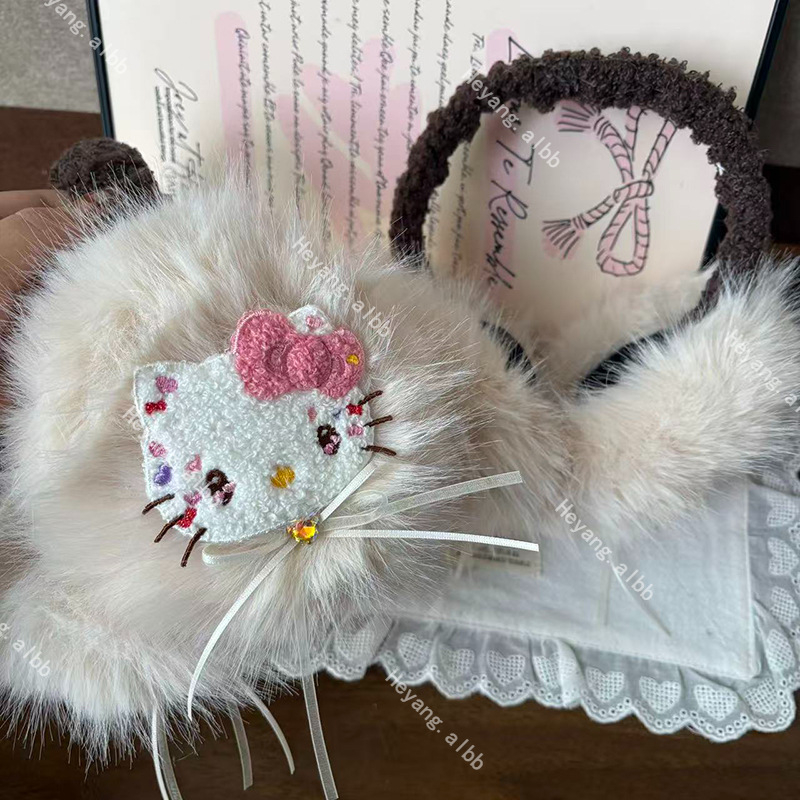 Protecții pentru urechi din pluș cu urechi de pisică, stil desen animat, pentru femei adulte, utilizare în exterior, mențin căldura, iarna 2025 (material: broderie pe prosop)