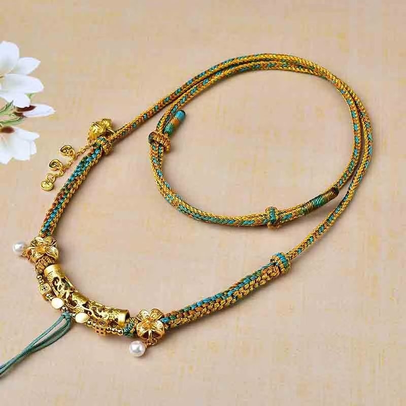 Geometrijska tibetanska ogrlica s Dzi biserom, ručno tkani privjesak od legure na spiralnom lancu, unisex