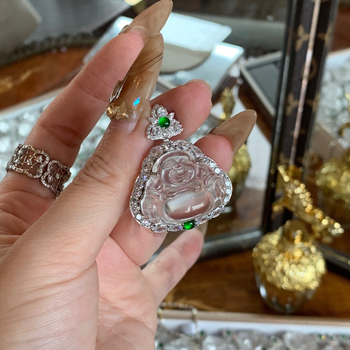 S925 srebro, zelena vršna perla, jade i kalcedon, mali Buddha privjesak, retro kineski stil ogrlica za žene