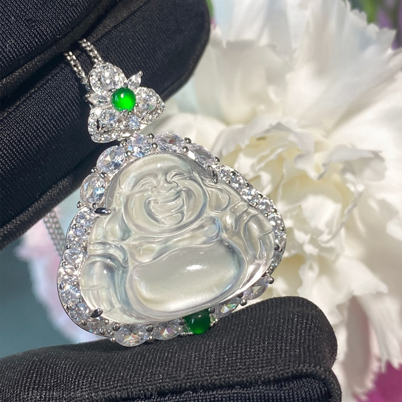 S925 srebro, zelena vršna perla, jade i kalcedon, mali Buddha privjesak, retro kineski stil ogrlica za žene