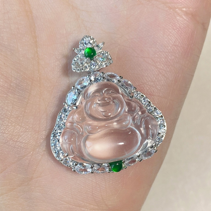 S925 srebro, zelena vršna perla, jade i kalcedon, mali Buddha privjesak, retro kineski stil ogrlica za žene
