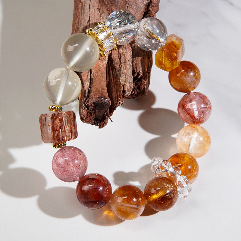 Karkötő Super Seven kristállyal, oldalsó kövek strawberry kristályból, elasztikus zsinór, márka Body of the Heart