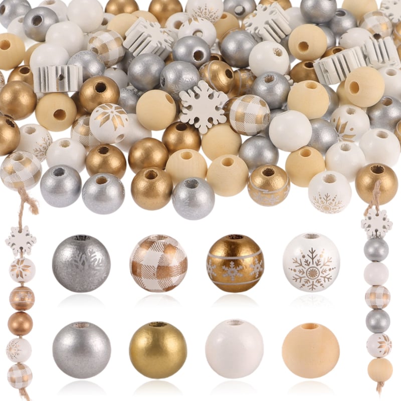 Set drvenih perli – okrugle perle, tehnika tiska, modni stil