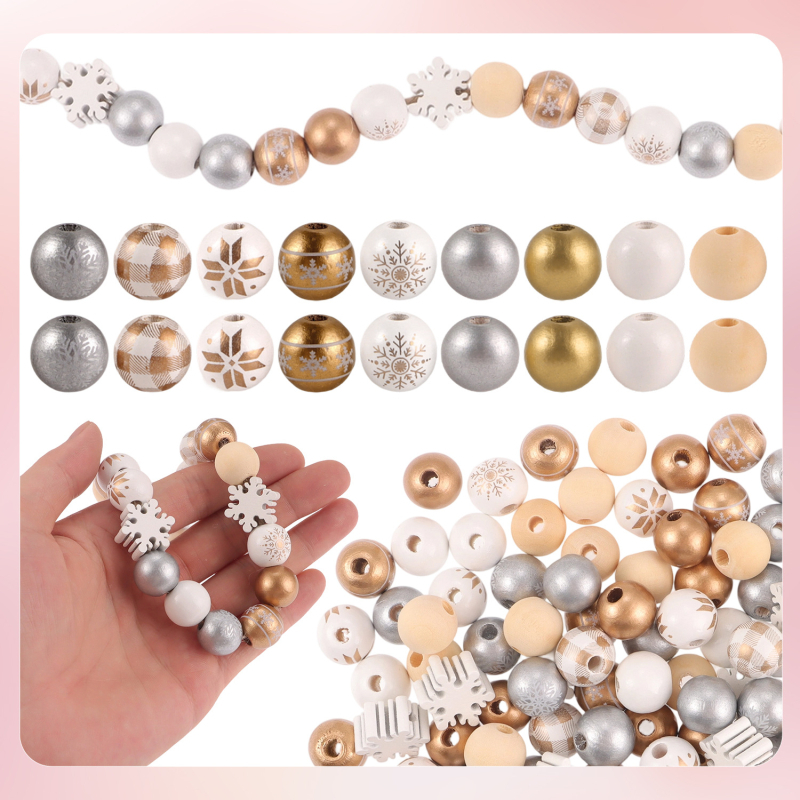 Set drvenih perli – okrugle perle, tehnika tiska, modni stil