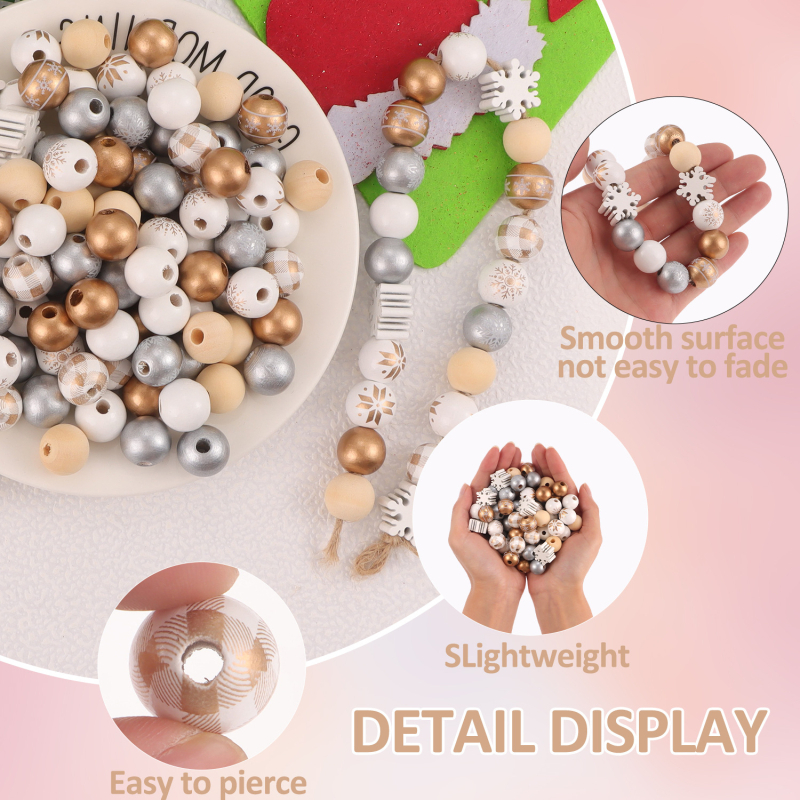 Set drvenih perli – okrugle perle, tehnika tiska, modni stil