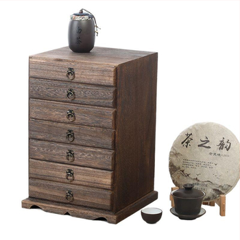 Koka daudzslāņu galda uzglabāšanas kārba Pu'er tējas kūkām ar atvilktnēm