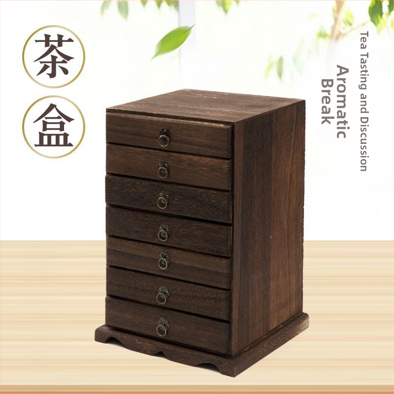 Koka daudzslāņu galda uzglabāšanas kārba Pu'er tējas kūkām ar atvilktnēm