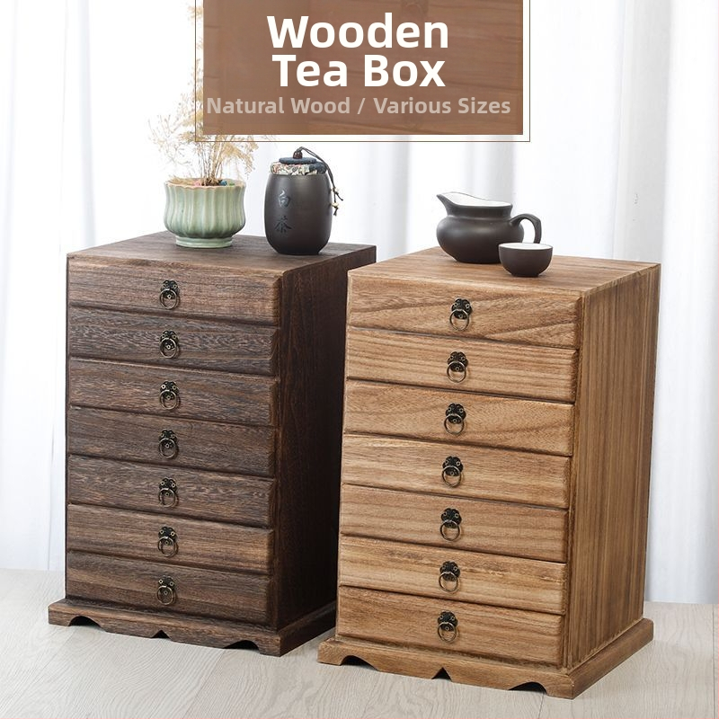 Koka daudzslāņu galda uzglabāšanas kārba Pu'er tējas kūkām ar atvilktnēm