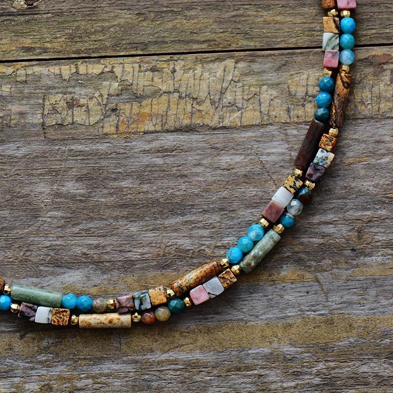 Colier cu dublu strat de pietre naturale, stil boem francez retro, lucrat manual, inserții placate cu aur cu pietre artificiale, placare electrolitică, lansare toamnă 2024