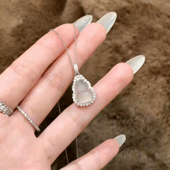 Colier din argint pur 999 Fulu Gourd cu pandantiv Chalcedon, lanț box, stil medieval literar retro