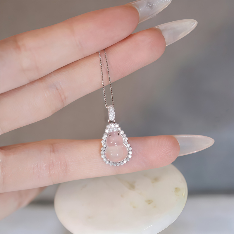 Colier din argint pur 999 Fulu Gourd cu pandantiv Chalcedon, lanț box, stil medieval literar retro