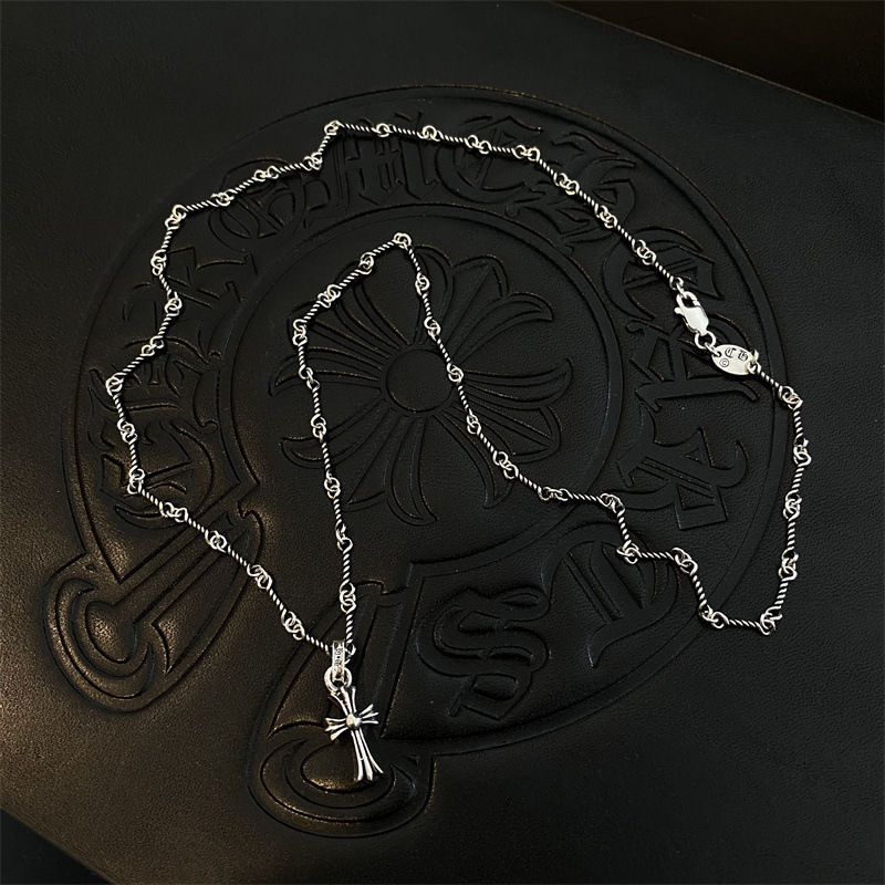 Colier cu pandantiv cruce din argint 925, lanț bambus, 51–60 cm, aproximativ 6 g, finisaj Seiko, unisex, stil vintage-literar retro