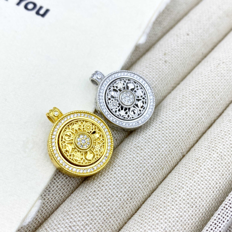 Xida S925 Sterling Srebro Antička ogrlica s okretavajućim privjeskom kompasom i osam blaga, Retro stil