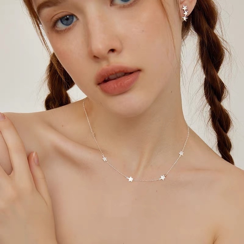 Colier cu stea din argint S925, placat cu aur 14K, pentru femei, lanț încrucișat, multistrat, 41-50 cm