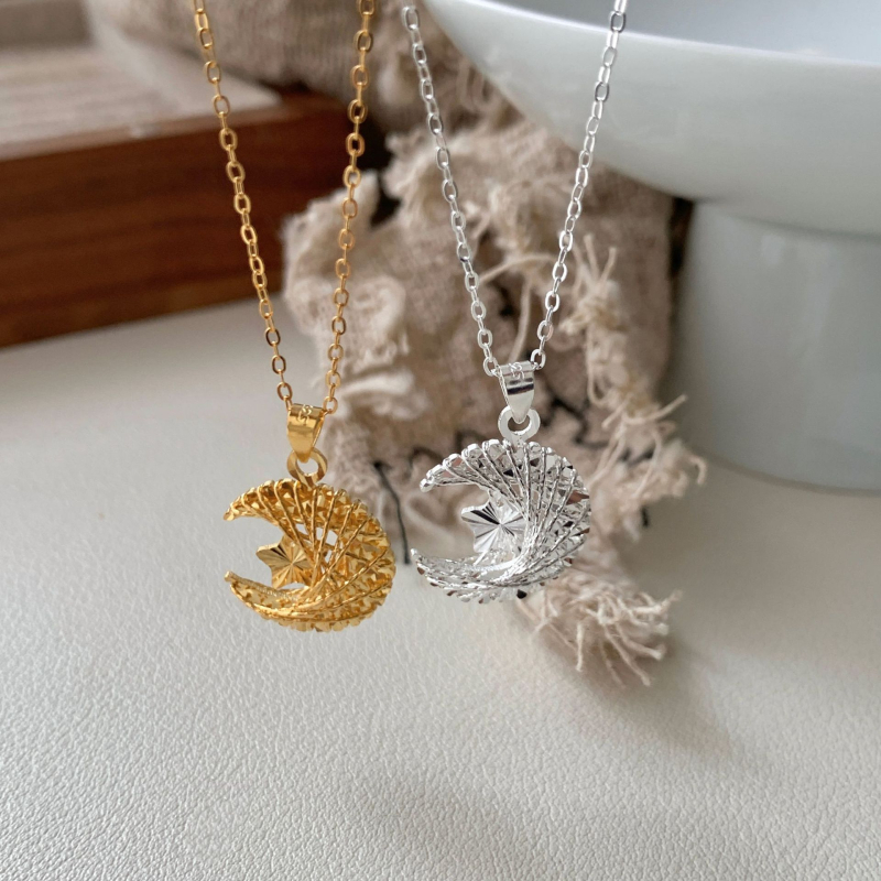 Colier din argint 925, pandant geometric cu motiv stea-lună, lanț tip pulover, stil Ins (Material: Argint 925; Material pandant: Argint 925; Lanț: tip pulover; Formă: geometrică; Stil: Ins)