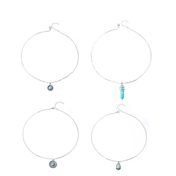 Ogrlica s tirkiznim privjeskom, legura, geometrijski retro stil, višeslojni lanac