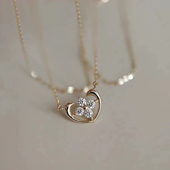 Colier cu inimă și pandantiv cruce-flori, încrustat cu diamante, placat cu aur 14K pe bază 925, lanț clavicular