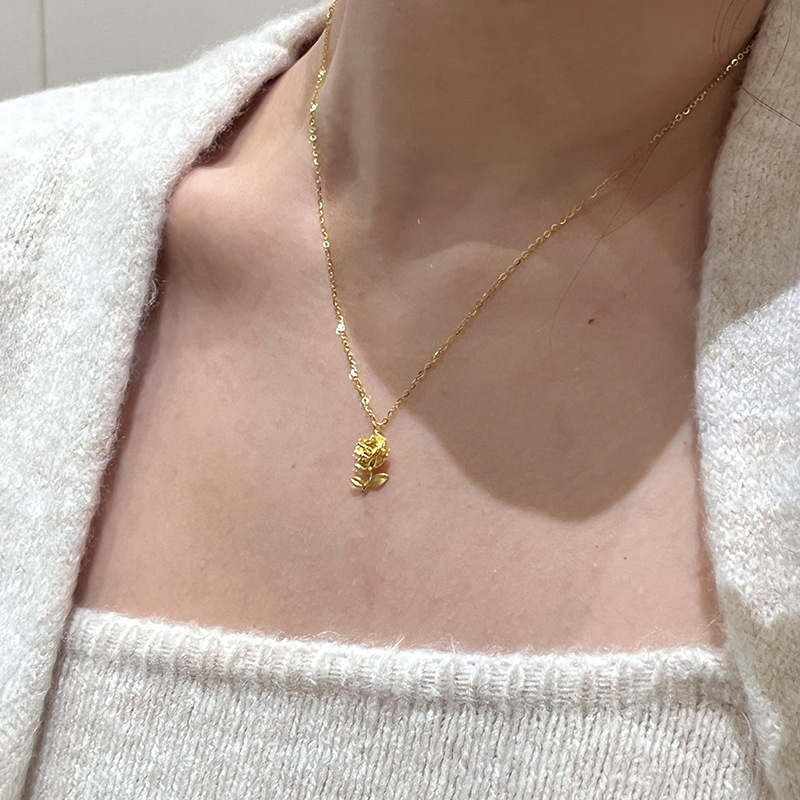 Nakit od nehrđajućeg čelika s bakrenim cvjetnim privjeskom, O-lanac, elektroplatiranje, lagani luksuz