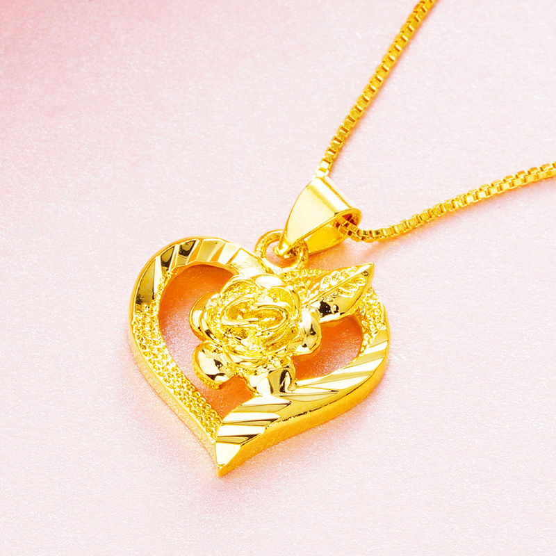 Медна огърлица със сърце и цвете, електроплатирана, марка Golden World, серия Висулка