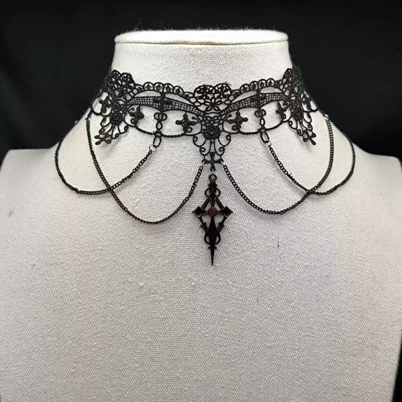 Colier din dantelă, lanț clavicular, pandantiv geometric, aliaj, electroplatat — stil Întunecat