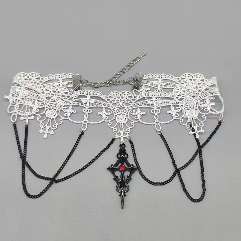 Colier din dantelă, lanț clavicular, pandantiv geometric, aliaj, electroplatat — stil Întunecat