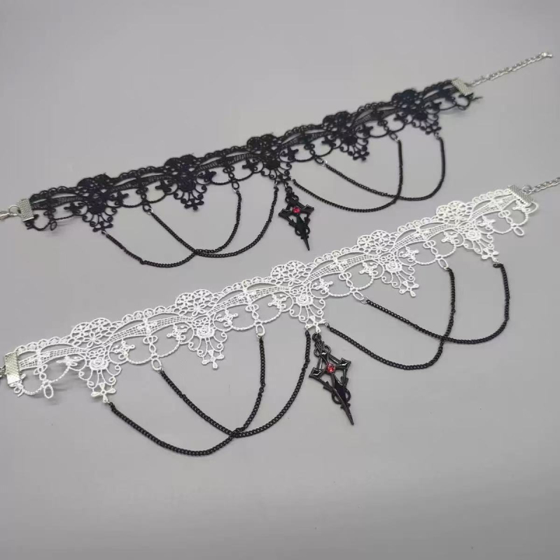 Colier din dantelă, lanț clavicular, pandantiv geometric, aliaj, electroplatat — stil Întunecat