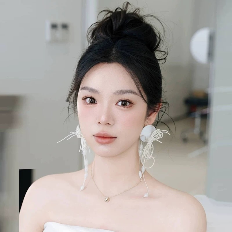 Cercei lungi cu funda și ciucuri, lucrate manual, materiale amestecate, unisex, lansare vară 2025