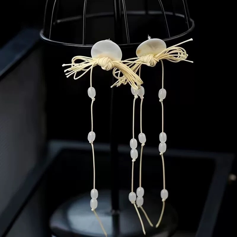 Cercei lungi cu funda și ciucuri, lucrate manual, materiale amestecate, unisex, lansare vară 2025