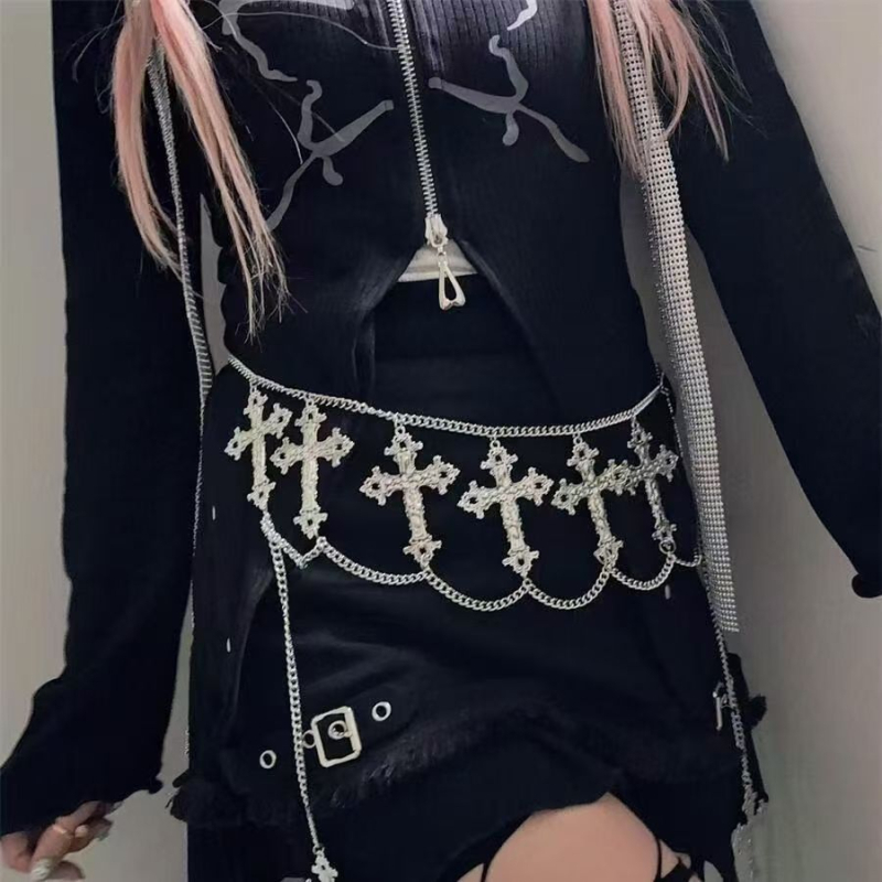 Lanț de talie din metal, design cu cruce în mai multe straturi, unisex, accesoriu pentru adulți, cu mai multe bucle