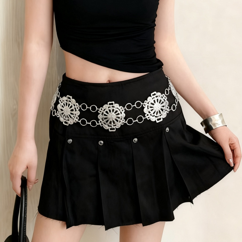 Pásová reťaz v etnickom štýle zo zliatiny, dvojité vrstvenie, dĺžka 110 cm, šírka 2-4 cm