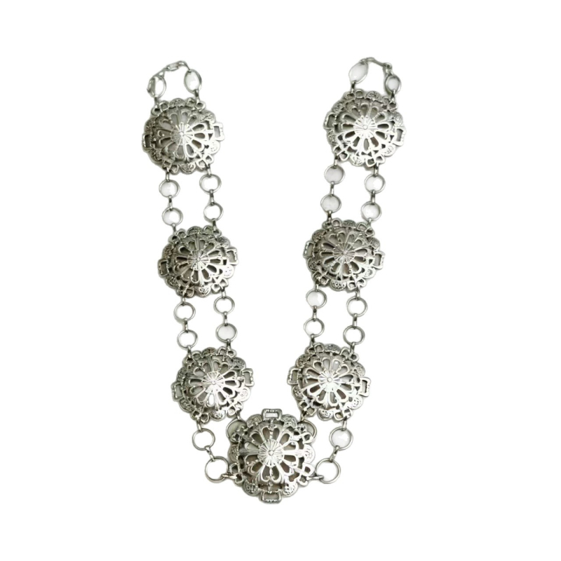 Pásová reťaz v etnickom štýle zo zliatiny, dvojité vrstvenie, dĺžka 110 cm, šírka 2-4 cm