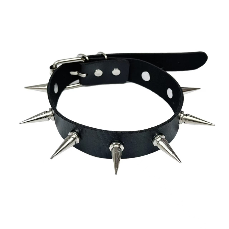 Gotik-punk choker s geometrijskim dizajnom od PU kože; detalji s sitnim šiljcima; INS stil; privjesak od legure; težina 35 g