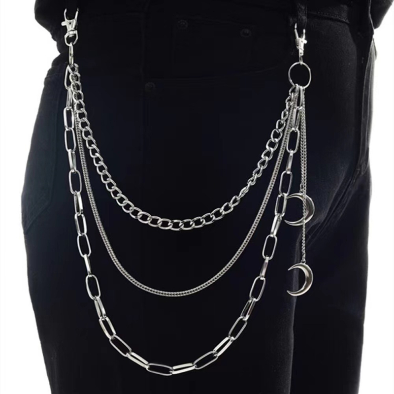 Talijni lanac za pojas od legure s perlima, višeslojni križ i privjesak lubanje — gotički hip-hop, geometrijski dizajn
