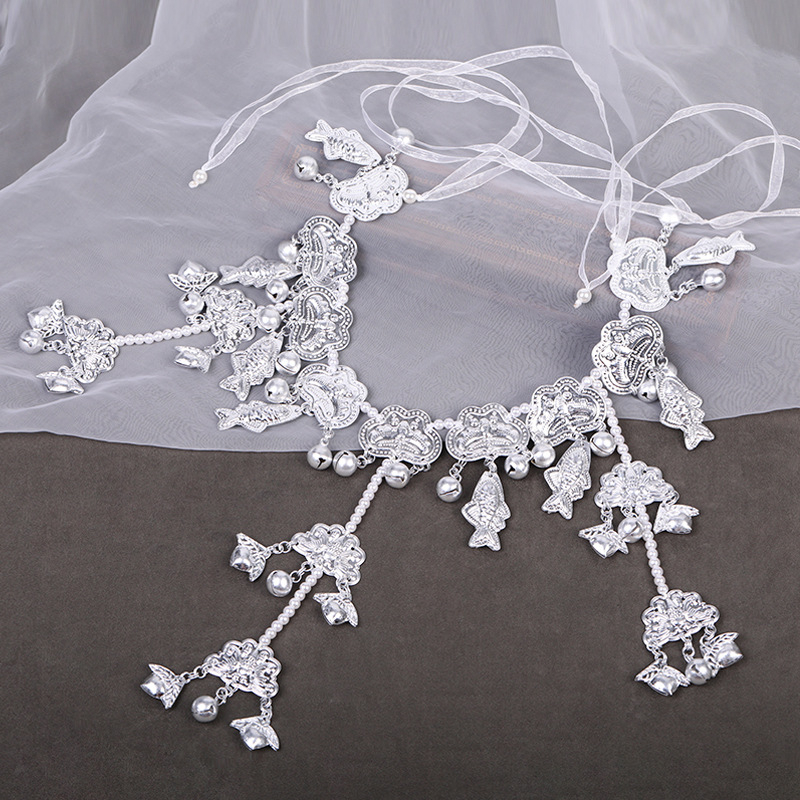 Pásový reťaz s príveskom zvončeka v tvare mesiaca ryby, Tang štýl retro pre ženy, elektroplátovanie