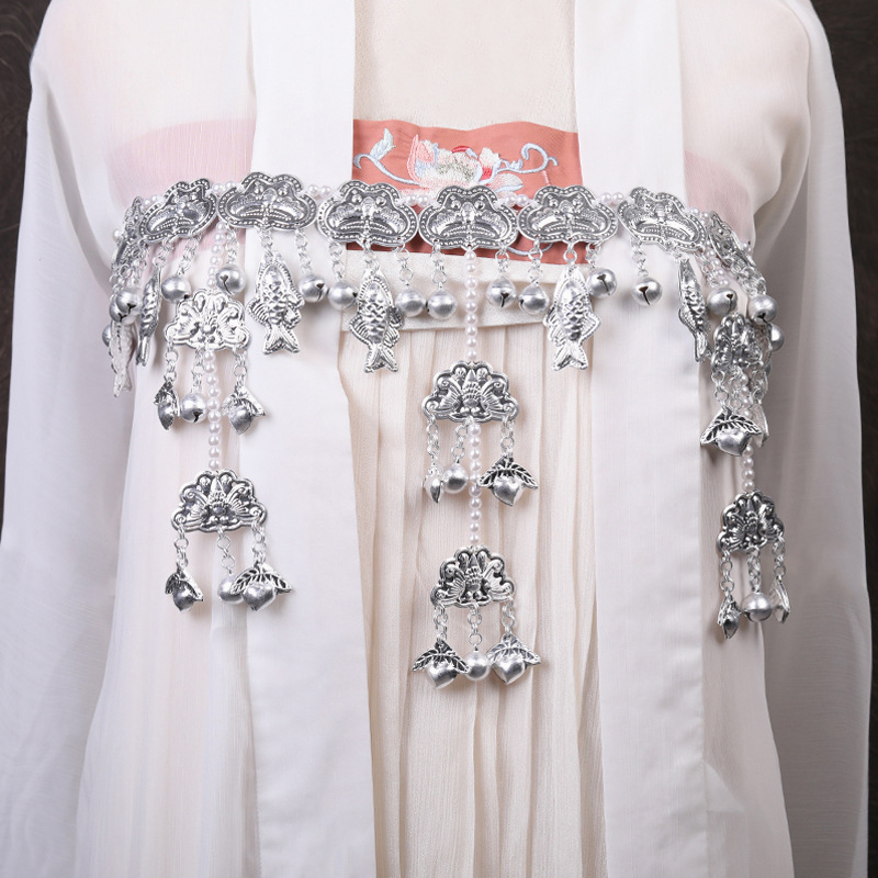 Pásový reťaz s príveskom zvončeka v tvare mesiaca ryby, Tang štýl retro pre ženy, elektroplátovanie