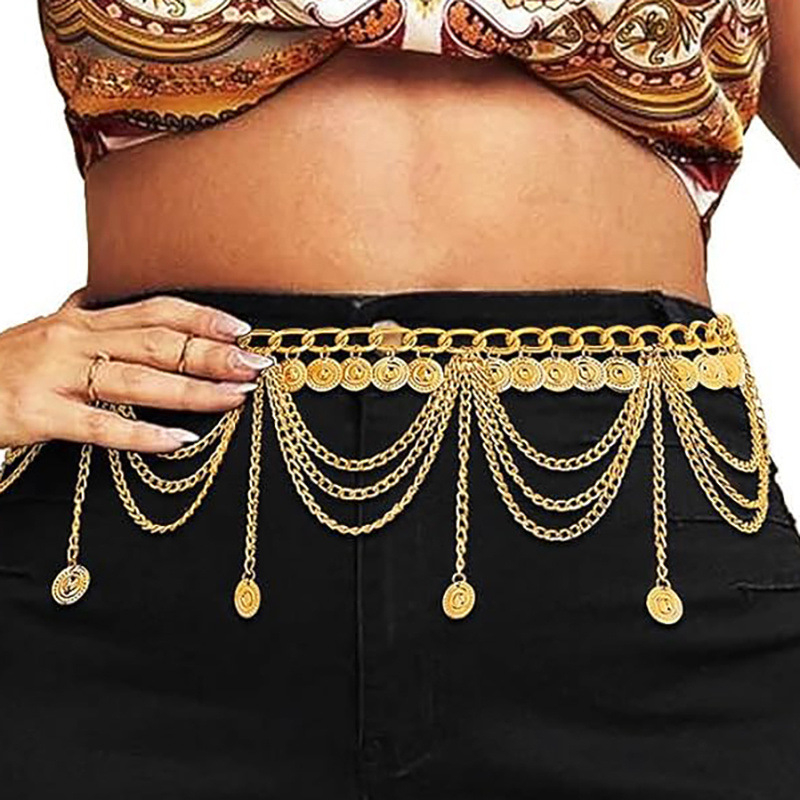 Exotický pás cez boky s mincami pre Hanfu, elektroplatovaný zinkoový zliatina