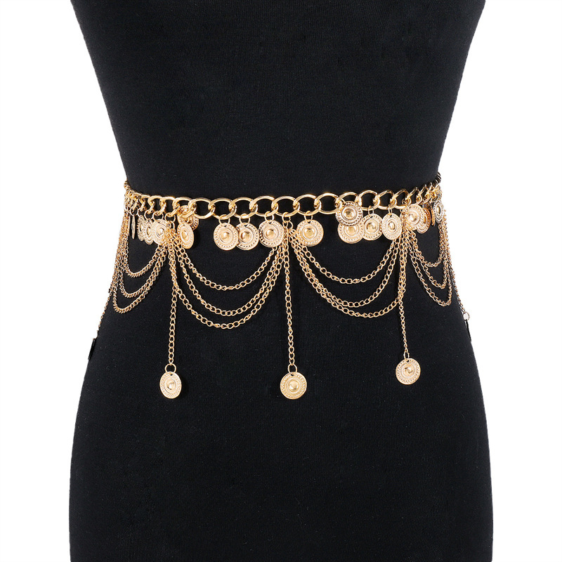 Exotický pás cez boky s mincami pre Hanfu, elektroplatovaný zinkoový zliatina